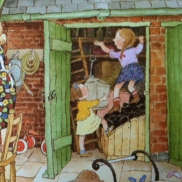 Not a shed-shed, but a coal shed in the yard of the house inhabited by the family in Janet & Allen Ahlberg's 'Peepo'. The sisters are searching for a jar or a tin, to take up to the park and catch fishes in.